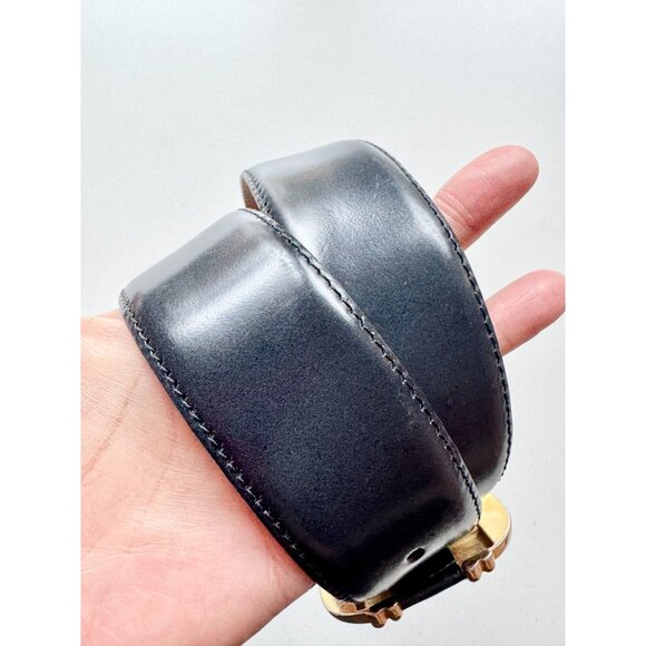Vintage AQUASCUTUM Navy Blue Leather Large Gold Buckle Waist Belt, Size S - Picture 6 of 16